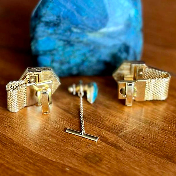 Stylish Vintage Gold & Aqua Cuff Links with Matching Tie Tack