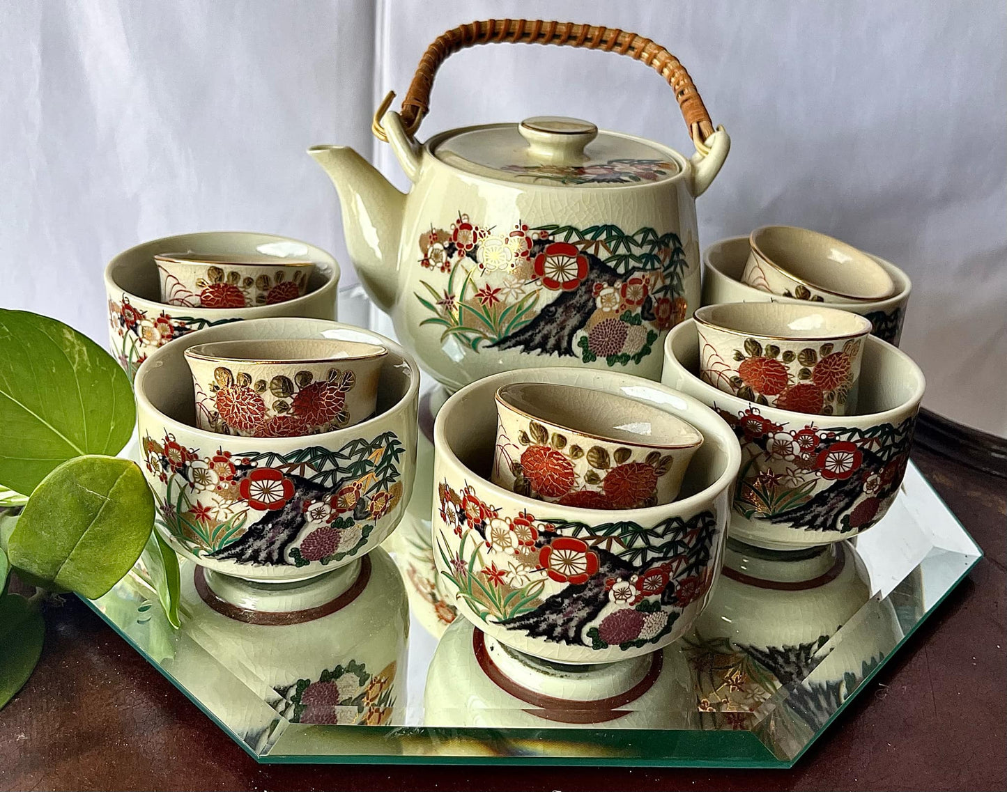 Vintage Original Mid Century Japanese Tea Set With Wood Wrapped Handle