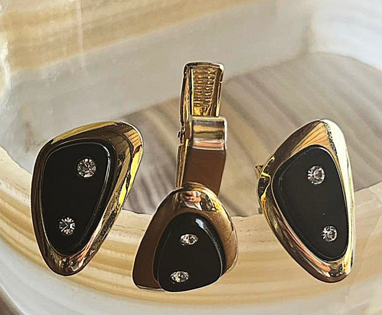 Classic Black & Gold Geometric Shaped Cuff Links and Matching Tie Clip